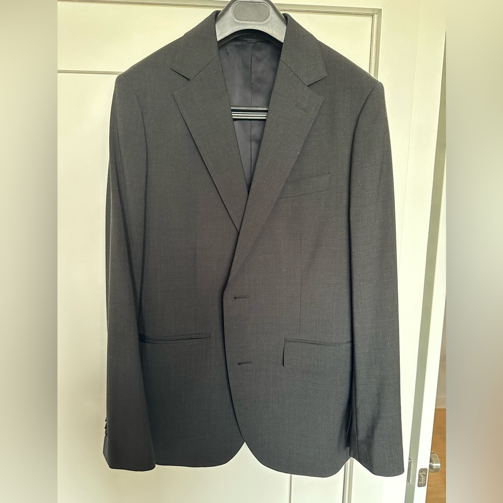 Bonobos charcoal gray suit, 100% all season wool, jacket size 38R, pants 31,slim